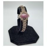 800 Silver ? Ruby Zoisite Filigree Bracelet