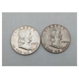 2 Silver Ben Franklin Half Dollar Coins 1954