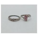 2 Sterling Silver Ring Pink & Clear Stones