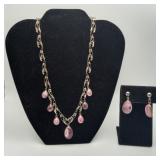 Silver Filigree Pink Cabochon Necklace Earring Set