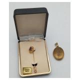 Gold Color Garnet Stick Pin & Locket