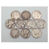 10 Silver Dimes Mercury Barber Roosevelt Coins