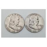 2 Ben Franklin Half Dollar Silver Coins 1952
