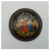 Soviet era Palekh Style Lacquer Russian Brooch Pin