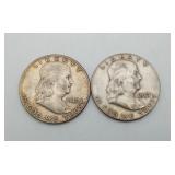 2 Silver Half Dollar Ben Franklin Coins 1957 & 59