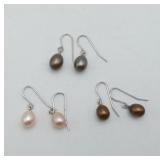 3 Sterling Silver Pearl Dangle Earrings