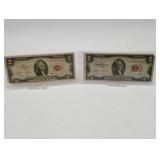 1963 & 53 Red Series Two Dollar US Bank Notes 2 pc