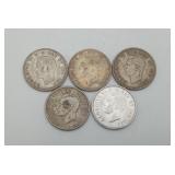 Canada Silver Quarters 1940's Coins 25 cents 5pcs