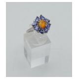 Sterling Silver Orange Opal & Tanzanite Ring