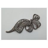 Sterling Silver Deco Marcasite Pearl Bow Brooch