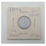 1894 Sixpence Six Pence Silver Great Britain Coin
