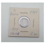 1917 Silver 3 Pence Britain UK Coin