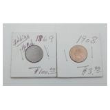 1869 & 1908 Indian Head Penny One Cent US Coin