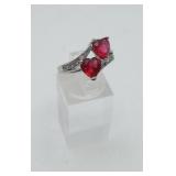 Sterling Silver Double Heart Red Stone Ring