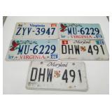 Vintage Maryland & Virginia License Plates 5 Total