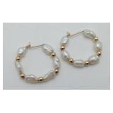 14k Gold Wire Ball Natural Pearl Hoop Earrings