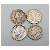 4 US Silver Dime Coins Mercury Eisenhower