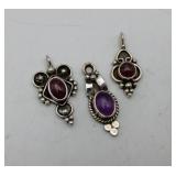 3 Sterling Silver Amethyst Pendants Charms