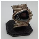 Carved Aztec Onyx Mexican Silver Cuff Bracelet