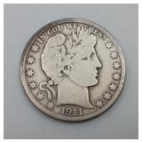 1911 S Barber Silver Half Dollar US Coin