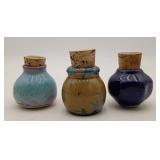 3 Glazed Ceramic Art Pottery Cork Top Jars