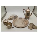 Silverplate Tea Set & Under Tray Napkin Rings