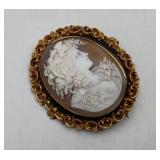 Antique 10k Gold Cameo Shell Brooch Pin 30gTW