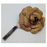 Chanel Metallic Gold Fabric Camellis Flower Brooch