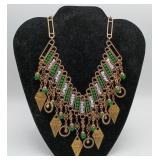 Bib Necklace Brass Glass Bead Jade Color Jewelry
