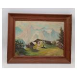 1940's Oil On Board Mountain Chalet Artwork