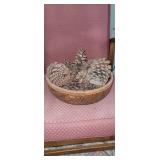 Vintage woven wicker basket  & pine cones