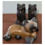 HANDCARVED WOOD OWL BOOKENDS/CAT DECOR