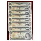CANADA 8 CIRCULATED 1973 $1 BANKNOTES