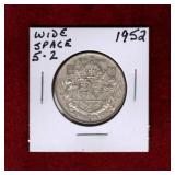 CANADA 1952 WIDE SPACE 5 - 2 SILVER 50 CENT COIN