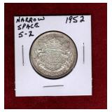 CANADA 1952 NARROW SPACE 5-2 SILVER 50 CENT