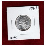 CANADA 1964 SILVER QUARTER UNC