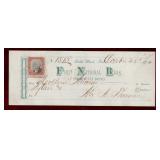 FIRST N'TL BANK, IND. USA 1872 CHEQUE W/STAMP