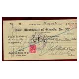 GLENSIDE SASK. MUNICIPALITY 1920 CHEQUE W/STAMP