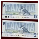 CANADA 1986 $5 BANKNOTES 2 CONSECUTIVE BC-56b