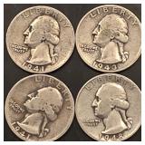 Lot Of 4 Silver Quarters 1941,1943,1948