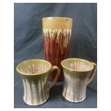 Two hand thrown mugs one ceramic vase