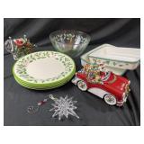 Assorted Christmas plates pans music box and