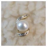 10K YG Pearl Pendant with Diamond Chip Accents