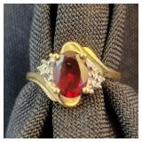 10k YG Oval Ruby Ring with Diamond Chip Accents