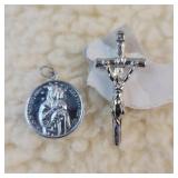 Crucifix Pin and 2 Relgious Medallion Pendant