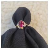 10k YG lab created Oval Ruby Ring with Diamond