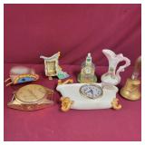 Box Lot with Clocks, Vase, Avon perfume "bell"