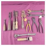 Box Lot of Tools - Chisels, Wrench, Pliers etc
