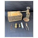 Old tool, storage cabinet with items ect