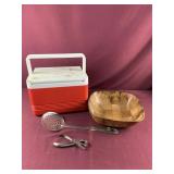 Small igloo hard cooler, slotted spoon, vintage